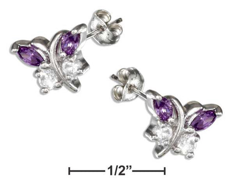 Sterling Silver Purple Clear Cubic Zirconia Butterfly Post Earrings
