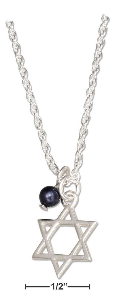 Sterling Silver Jewish Star Of David Pendant Necklace W/Dark Blue Swarovski Bead