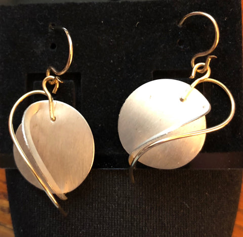 Sterling Silver Circle With 12 Karat Gold Filled Wire Swooshes Earrings
