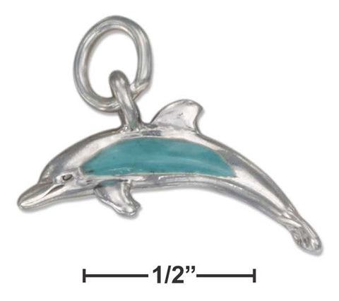 Sterling Silver Three Dimensional Dolphin Charm With Simulated Turquoise Inlay