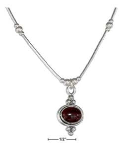 sterling silver set 16" beaded liquid silver framed oval garnet necklace & earrings