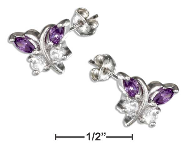 Sterling Silver Purple  Clear Cubic Zirconia Butterfly Post Earrings