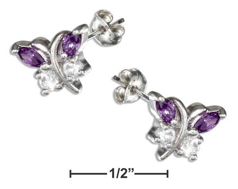 Sterling Silver Purple  Clear Cubic Zirconia Butterfly Post Earrings