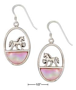 sterling silver oval horse earrings with pink mussel shell inlay