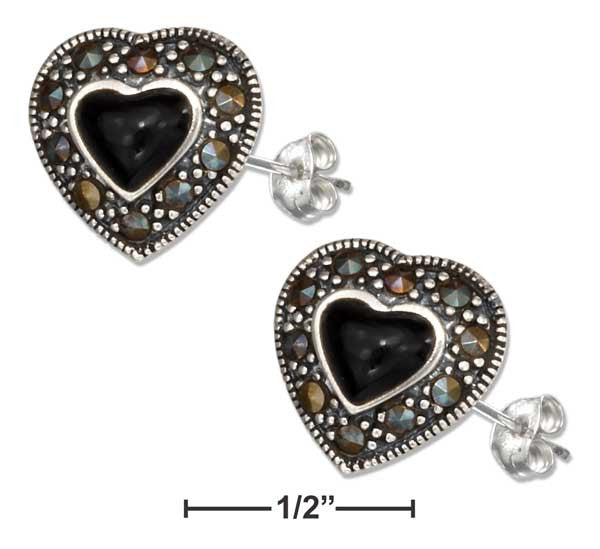 Sterling Silver Simulated Onyx Heart Earrings W/Marcasite Border