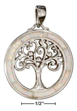 sterling silver round synthetic white opal frame with tree pendant