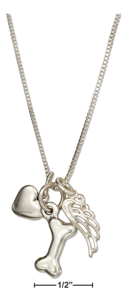 Sterling Silver 18" Dog Bone Necklace W/Heart & Angel Wing Charms