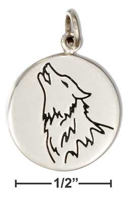 sterling silver round disk with howling wolf charm