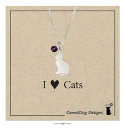 Sterling Silver 18" Silhouette Cat Pendant Necklace W/Amethyst Bead