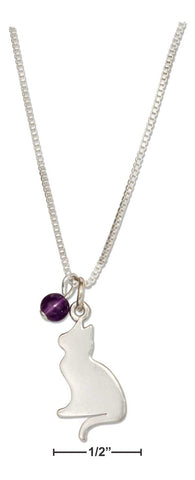 Sterling Silver 18" Silhouette Cat Pendant Necklace W/Amethyst Bead