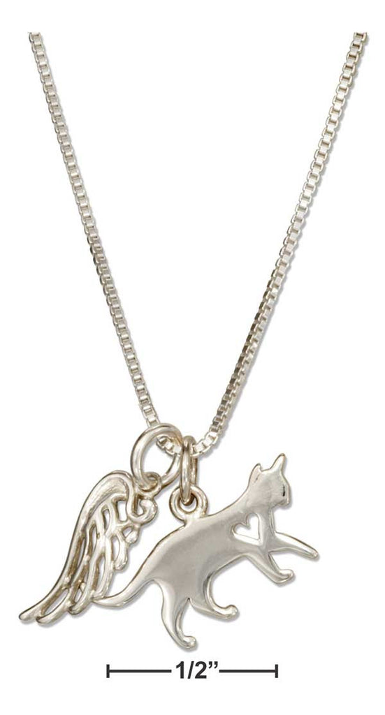 Sterling Silver 18" Cat W/Heart Cutout & Angel Wing Necklace