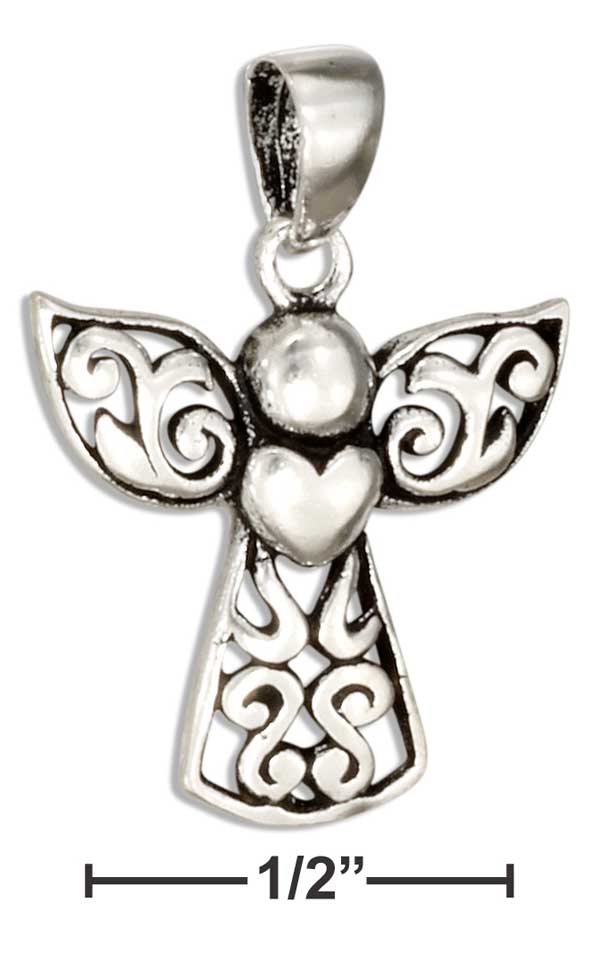 Sterling Silver Filigree Angel Pendant With Heart