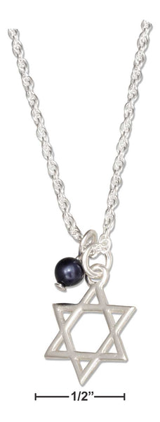 Sterling Silver Jewish Star Of David Pendant Necklace W/Dark Blue Swarovski Bead