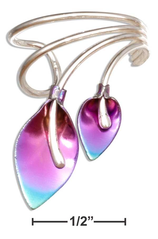 Sterling Silver & Purple Rainbow Niobium Double Leaf Ear Cuff