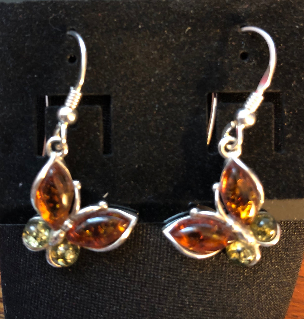 Sterling Silver Honey & Green Amber Butterfly Earrings