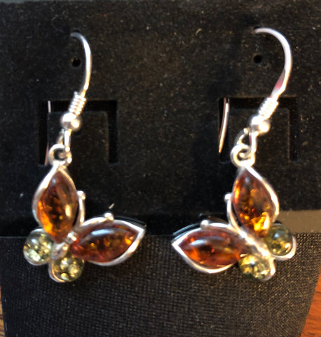 Sterling Silver Honey & Green Amber Butterfly Earrings
