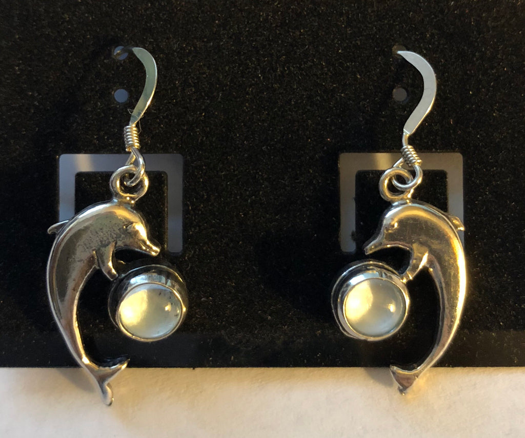 Sterling Silver Cabochon Glass Dolphin Earrings on French Wires